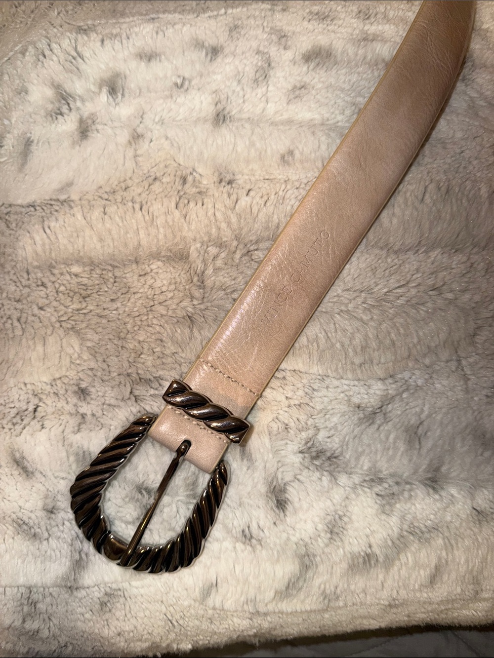 Vince Camuto Twisted Metal Buckle Leather Belt in Light Beige